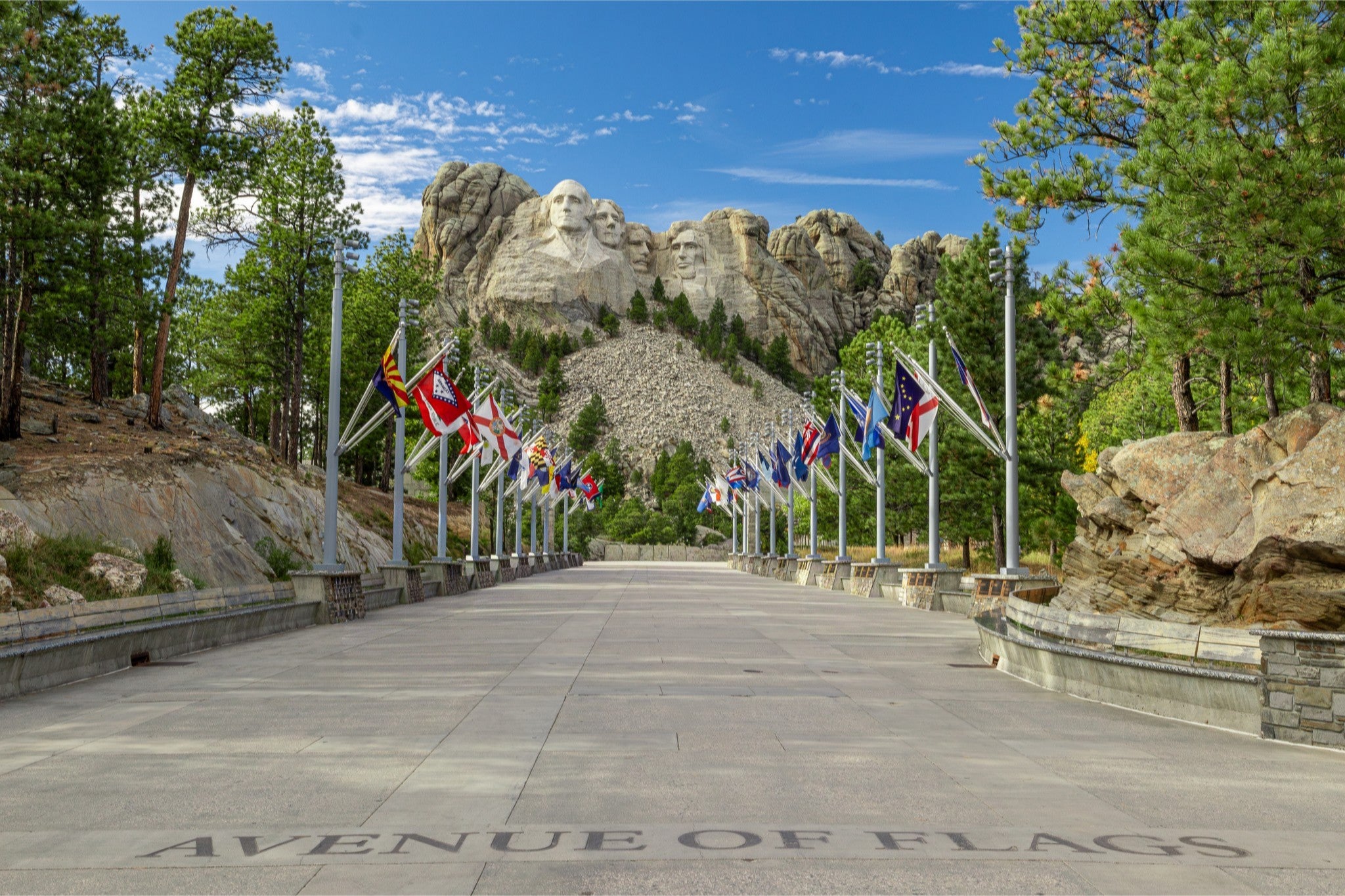 Mount Rushmore with Avenue of Flags in the foreground