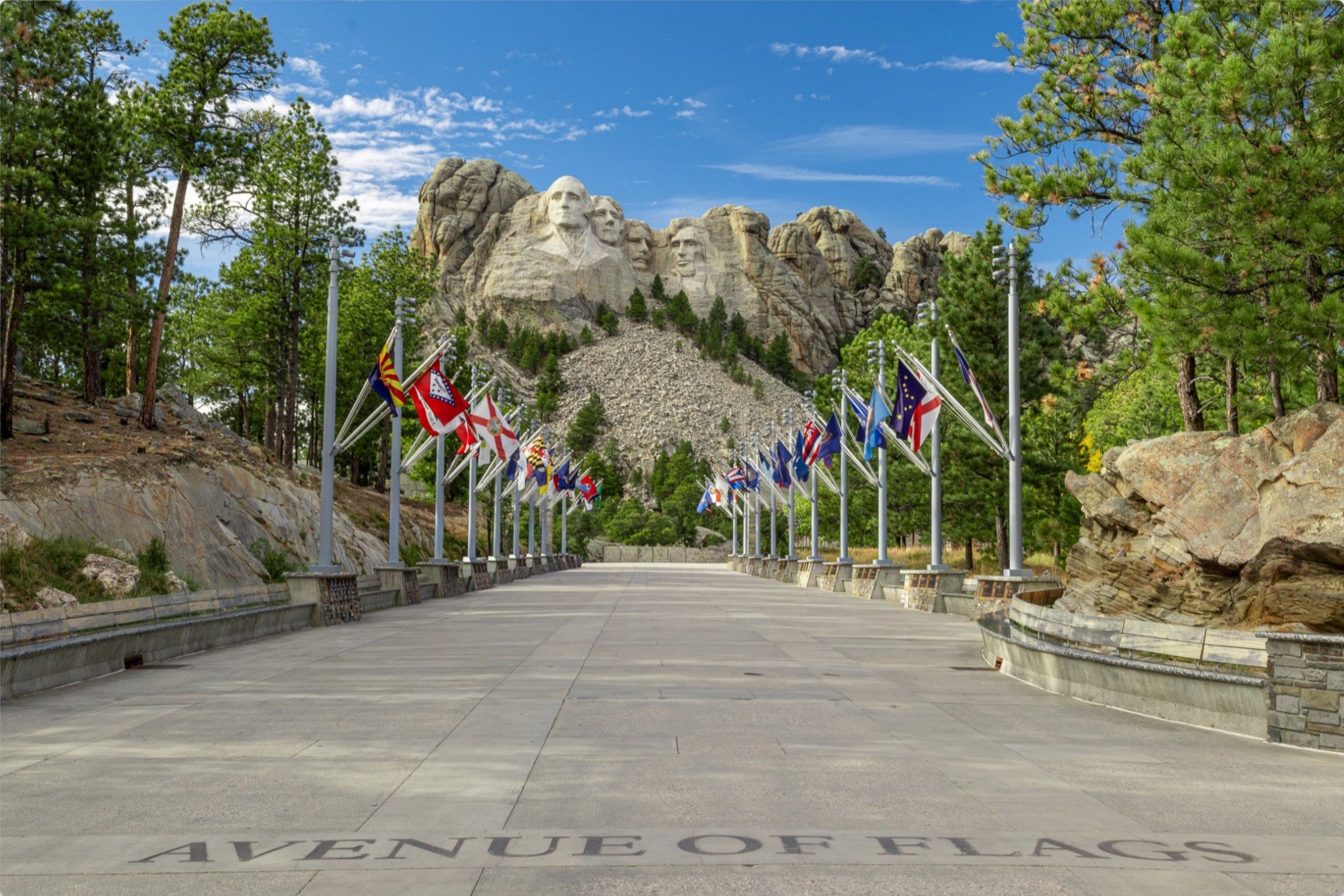 Mount Rushmore with Avenue of Flags in the foreground