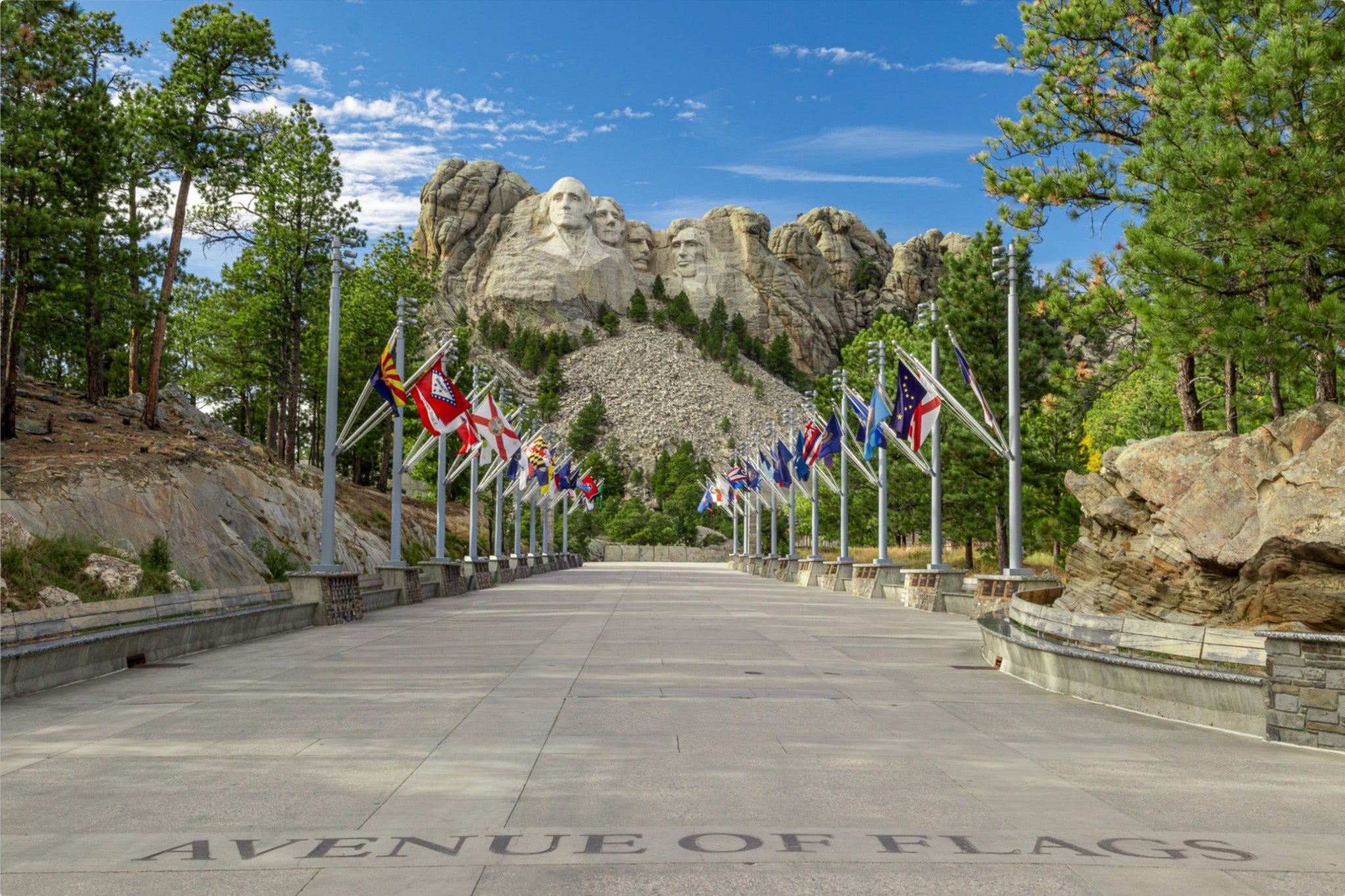 Mount Rushmore with Avenue of Flags in the foreground