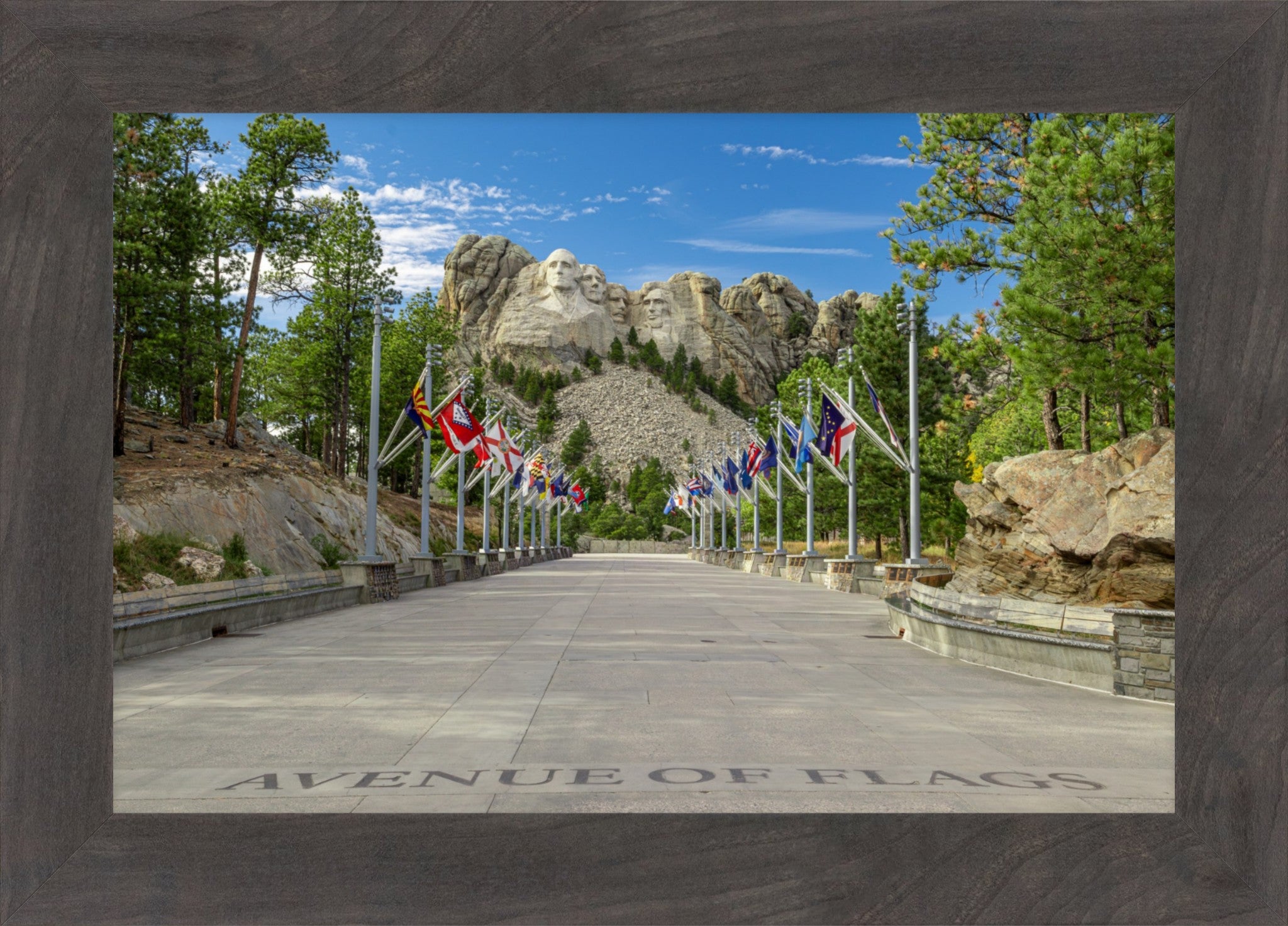 Framed wall art featuring a scenic photograph of the Avenue of Flags at Mount Rushmore, with a gray textured frame and the words 'AVENUE OF FLAGS' printed along the bottom.