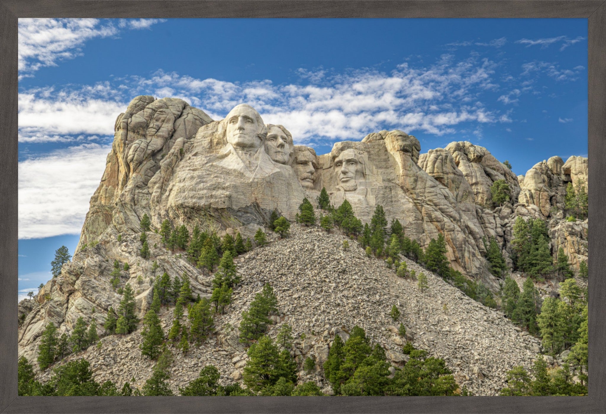 Mount Rushmore with a clear blue sky and scattered clouds