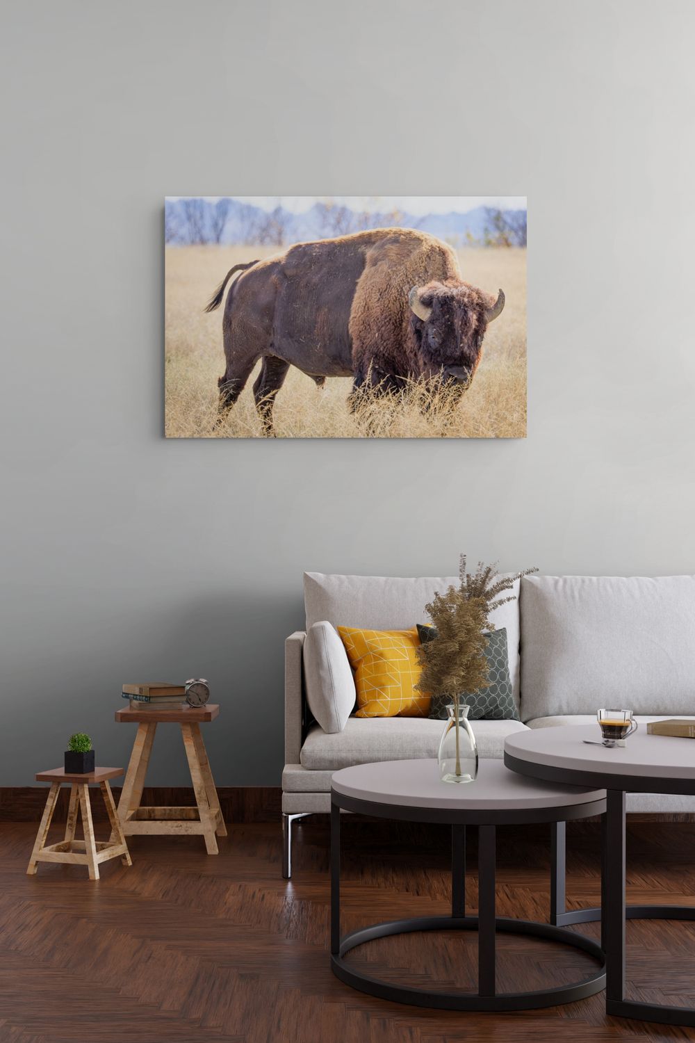 A rectangular wall art print showing a bison standing in a dry grass field, displayed above a light gray sofa in a modern living room with wood flooring and round coffee tables.