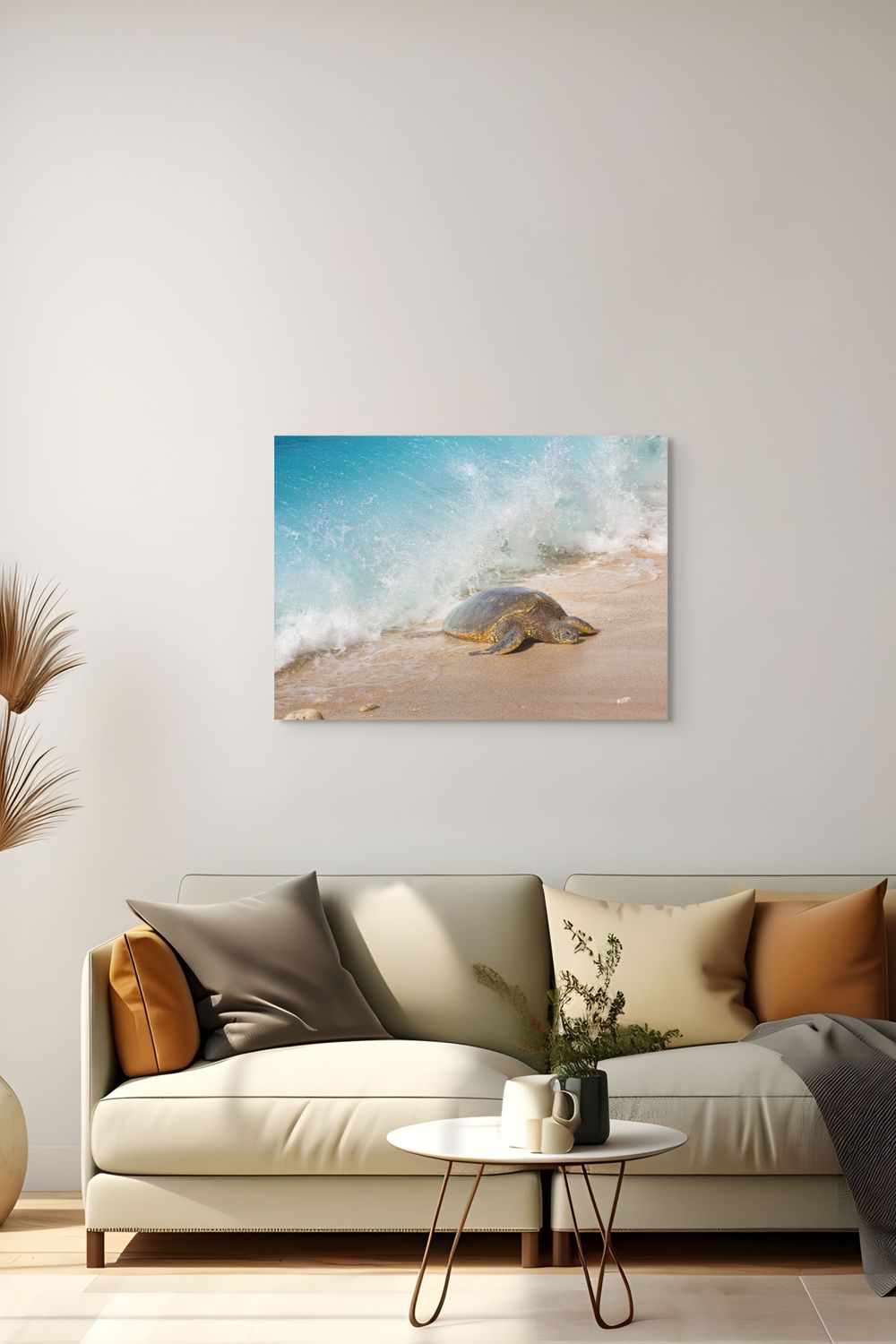 Fine art photography print of a Hawaiian green sea turtle Honu on golden sand beach with a cresting blue ocean wave.