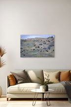 Fine art photography print of a wild bison herd grazing on North Dakota sagebrush hills with a purple and sage green landscape palette.