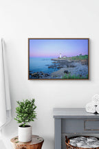 Portland Head Light lighthouse at sunset with a vibrant custom purple sky, Maine coastal fine art photography print.