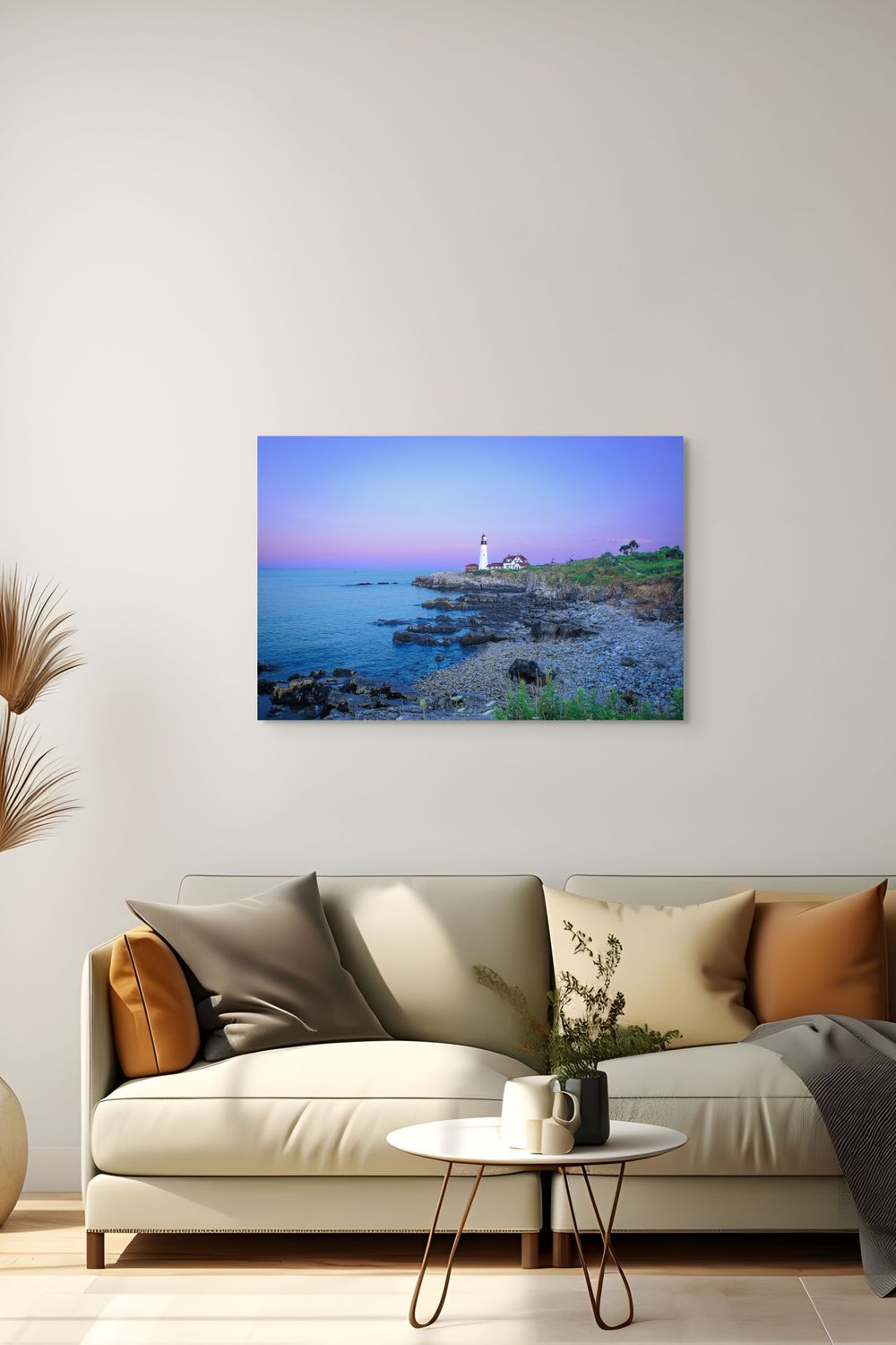Portland Head Light lighthouse at sunset with a vibrant custom purple sky, Maine coastal fine art photography print.