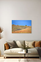 Fine art photography print of wild horses grazing on a rolling grassland hill under a vibrant blue sky.