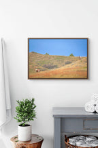 Fine art photography print of wild horses grazing on a rolling grassland hill under a vibrant blue sky.